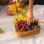 rectangular brown wicker basket with fruits