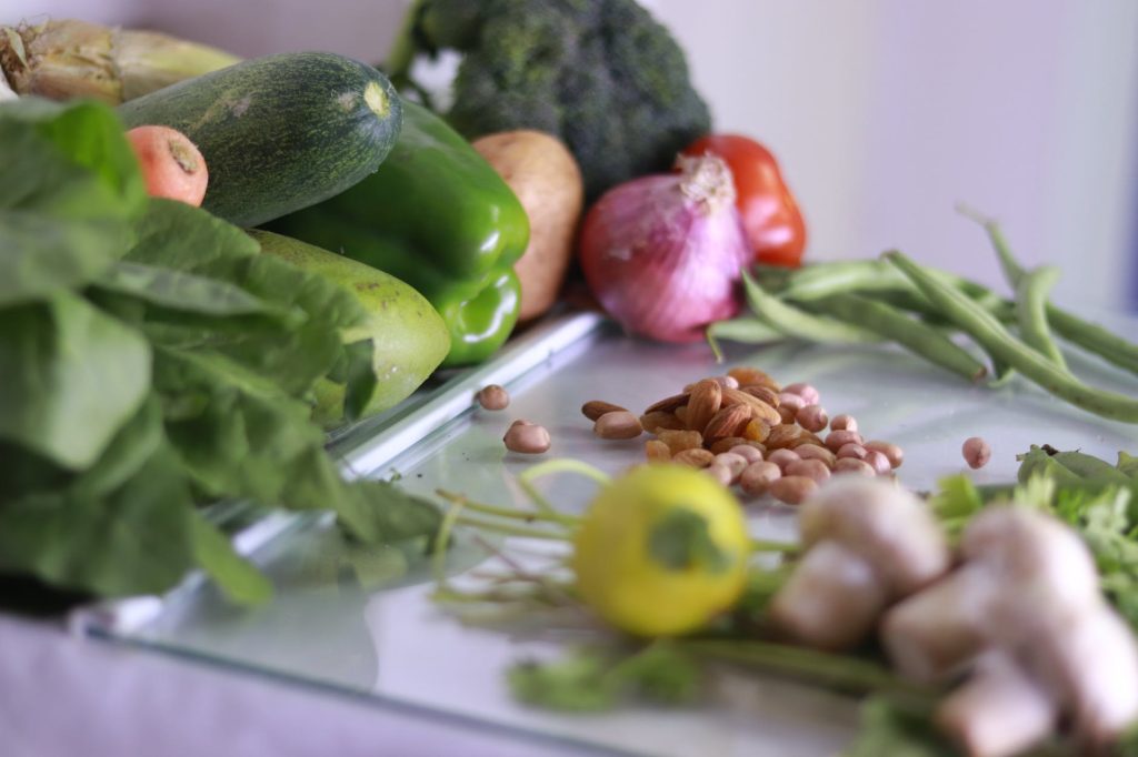 set of fresh healthy groceries on table